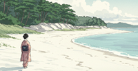 海と日本髪の女性